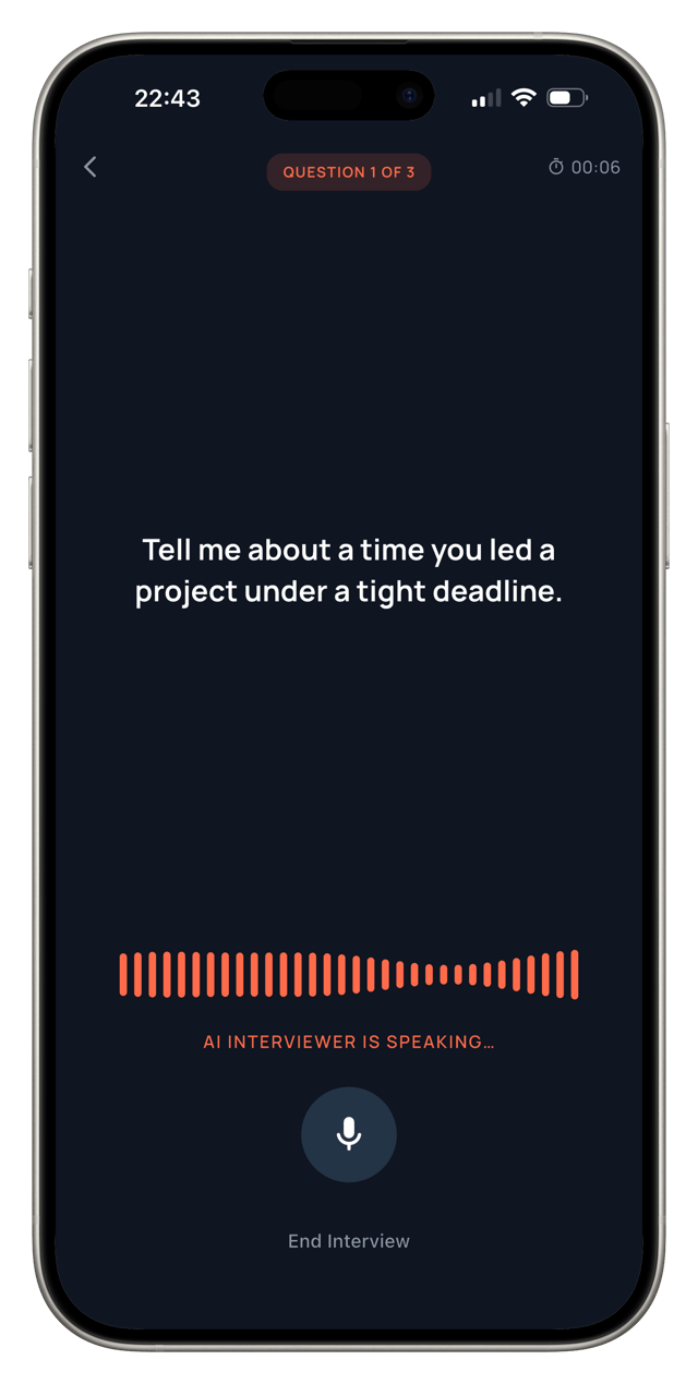 Rehearsy app interview screen showing AI voice interaction with waveform visualizer and microphone button