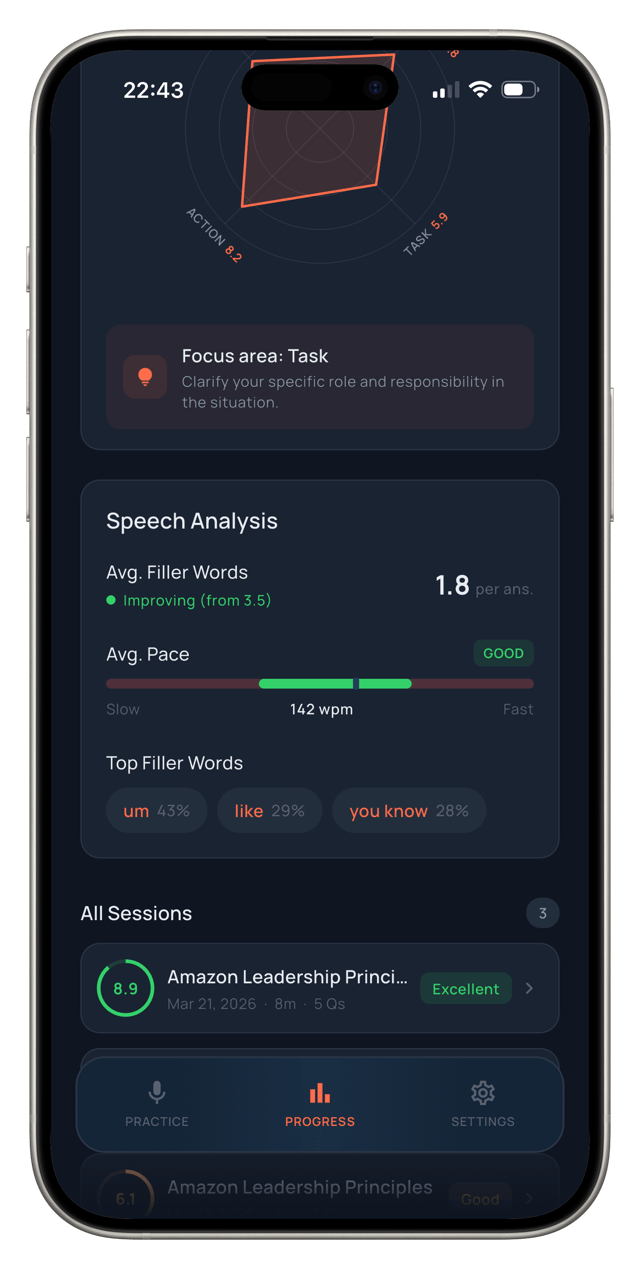 Speech analysis showing filler word count and words per minute speaking pace in Rehearsy